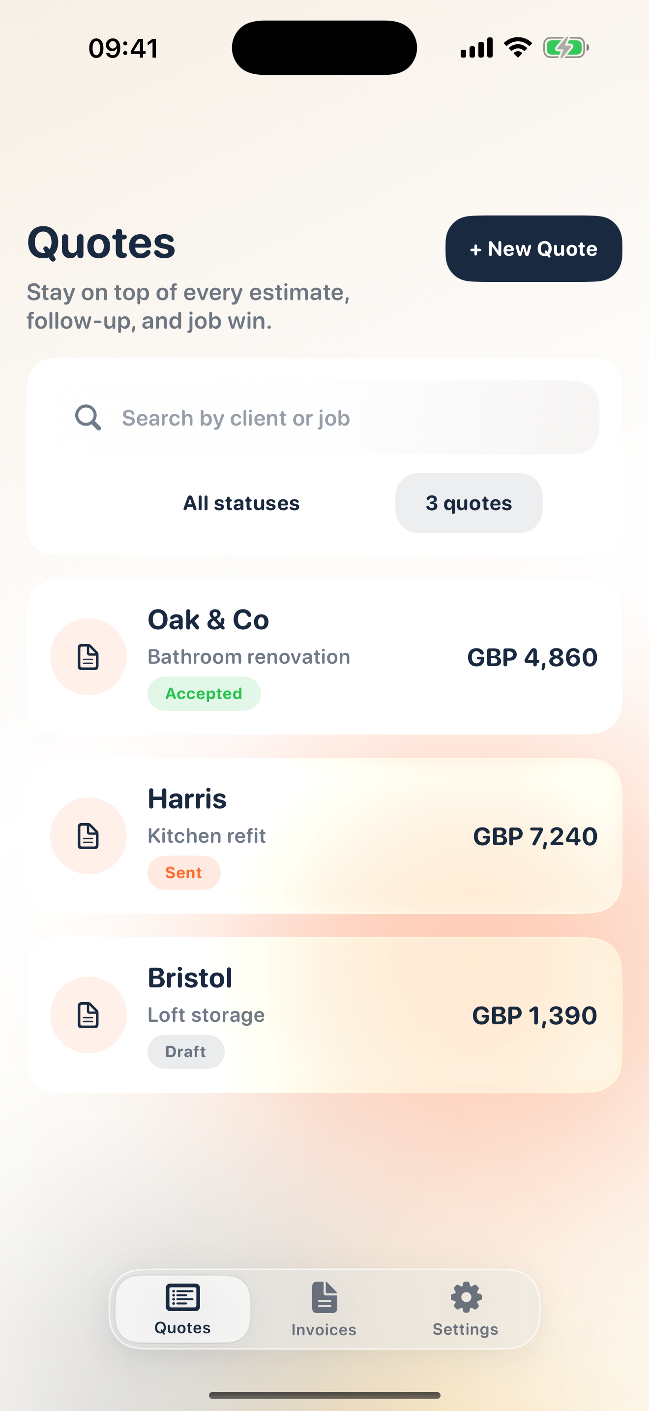 BuildaBill Quotes screen showing three sample jobs in accepted, sent and draft states